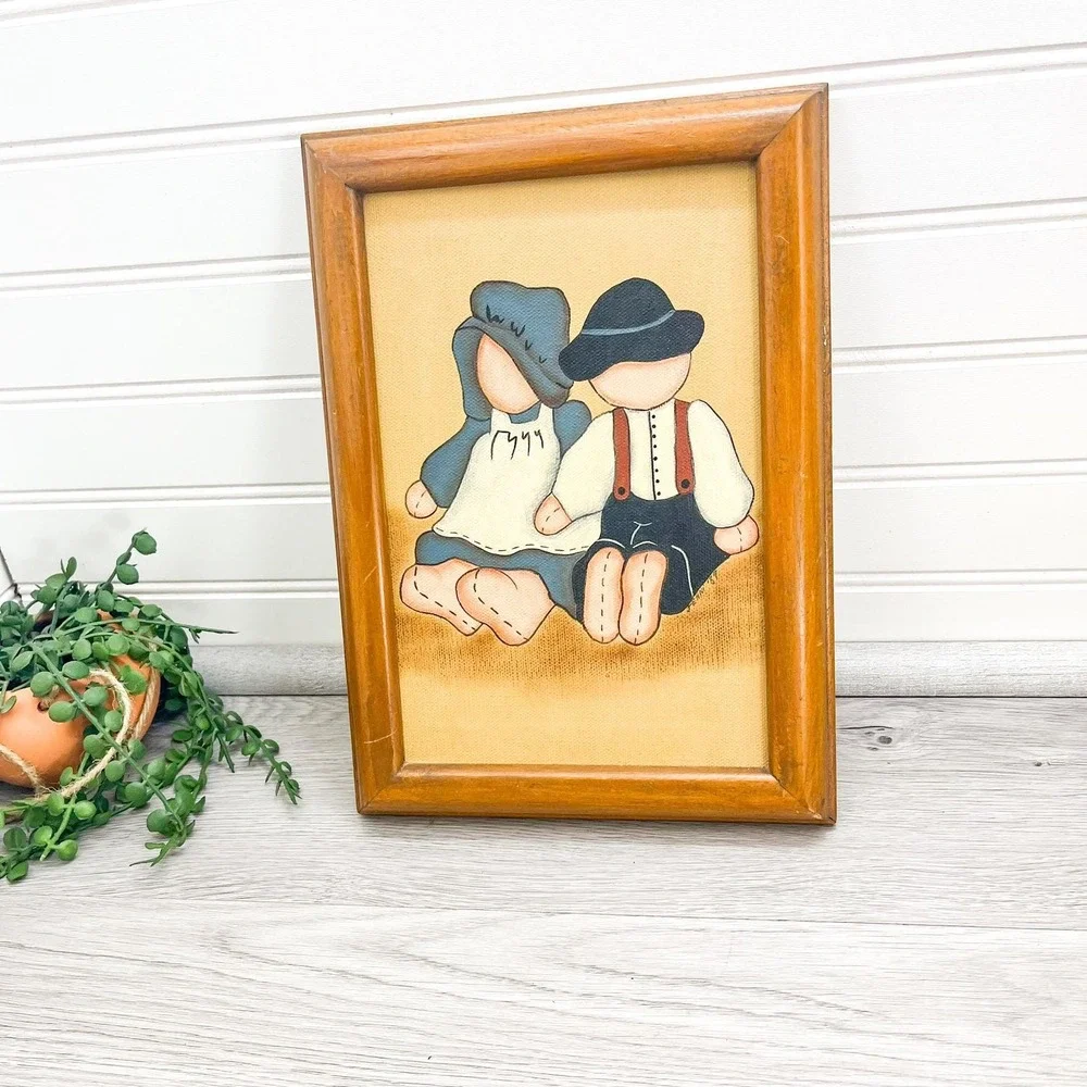 Vintage‎ Still Life Acrylic Painting: Dolls in Wooden Frame, Signed Fenni